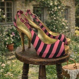 Y2K GUESS Barbie Pink & Black, Striped, Canvas, cork, Slingback, Stiletto Heels